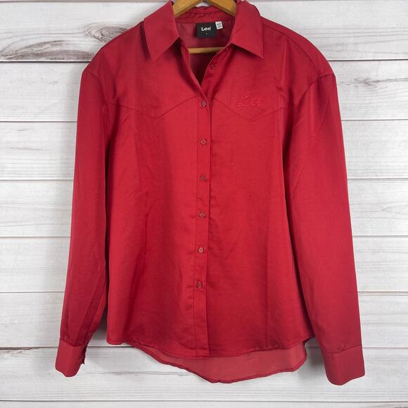 ANTHROPOLOGIE LEE Embroidered Red Satin Feel Button Down Long Sleeve Small - Picture 3 of 9